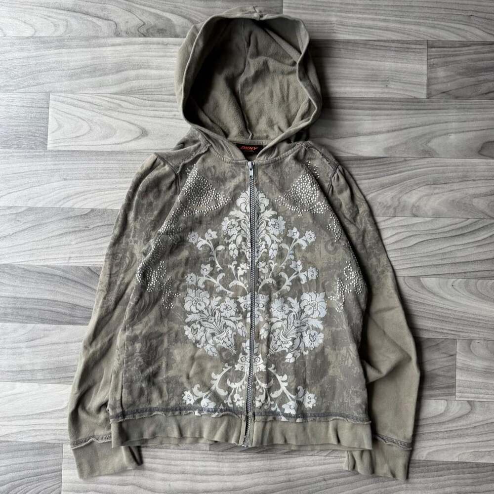 DKNY Active Petites Rhinestone Floral Zip Up Hoodie Olive Green Small
